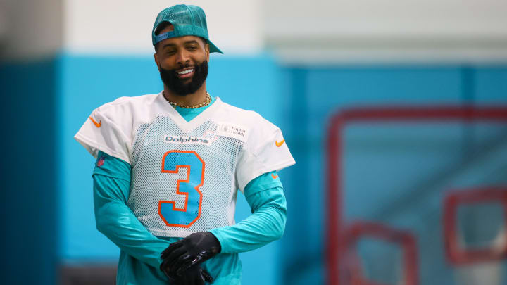 Miami Dolphins wide receiver Odell Beckham Jr. looks on during mandatory minicamp at Baptist Health Training Complex.