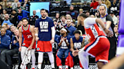 Feb 13, 2025; Salt Lake City, Utah, USA; LA Clippers bench reacts after a basket against the Utah Jazz during overtime at the Delta Center. Mandatory Credit: Christopher Creveling-Imagn Images