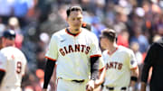 San Francisco, California, USA; San Francisco Giants first baseman Wilmer Flores (41) reacts against the Miami Marlins in the seventh inning at Oracle Park.