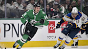 Mar 2, 2025; Dallas, Texas, USA; Dallas Stars center Roope Hintz (24) and St. Louis Blues center Robert Thomas (18) chase the puck during the second period at the American Airlines Center. Mandatory Credit: Jerome Miron-Imagn Images
