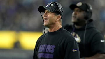 Nov 25, 2024; Inglewood, California, USA; Baltimore Ravens coach John Harbaugh reacts against the Los Angeles Chargers in the second half at SoFi Stadium. Mandatory Credit: Kirby Lee-Imagn Images