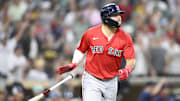 Aug 8, 2025; San Diego, California, USA; Boston Red Sox right fielder Wilyer Abreu (52) hits a two-run home run during the fourth inning against the San Diego Padres at Petco Park. Mandatory Credit: Denis Poroy-Imagn Images