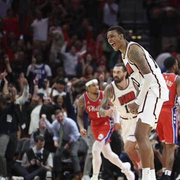 Mar 17, 2025; Houston, Texas, USA; Houston Rockets forward Jabari Smith Jr. (10) celebrates after the Rockets tie the game during the final seconds of the fourth quarter against the Philadelphia 76ers at Toyota Center. Mandatory Credit: Troy Taormina-Imagn Images