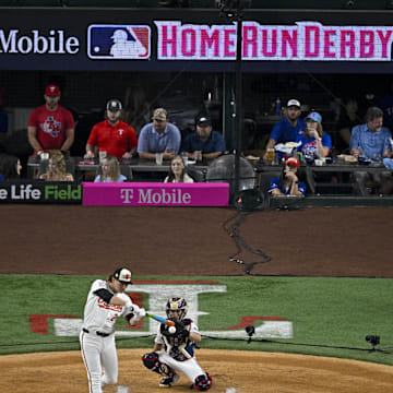 American League shortstop Gunnar Henderson of the Baltimore Orioles (2) bats during the 2024 All Star Game Home Run Derby.