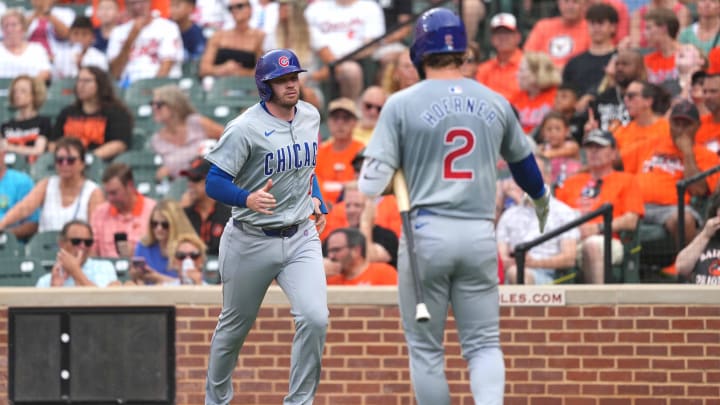 Jul 9, 2024; Baltimore, Maryland, USA; Chicago Cubs outfielder Ian Happ (8) greeted by second baseman Nico Hoerner (2) after scoring in the second inning against the Baltimore Orioles at Oriole Park at Camden Yards. 