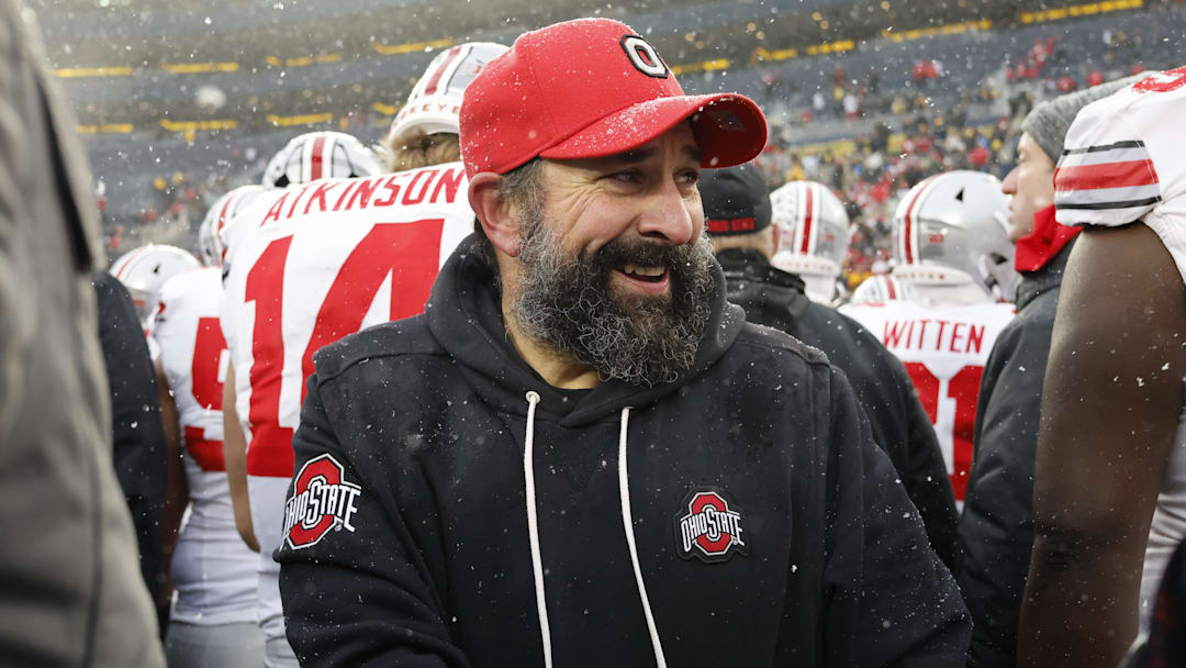 Nov 29, 2025; Ann Arbor, Michigan, USA; Ohio State Buckeyes defensive coordinator Matt Patricia celebrates after the game against the Michigan Wolverines at Michigan Stadium. Mandatory Credit: Rick Osentoski-Imagn Images
