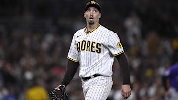 Sep 19, 2023; San Diego, California, USA; San Diego Padres starting pitcher Blake Snell (4) reacts