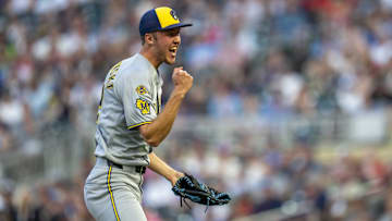 Jun 20, 2025; Minneapolis, Minnesota, USA; Milwaukee Brewers starting pitcher Jacob Misiorowski (32) celebrates striking out a batter in the fifth inning against the Minnesota Twins at Target Field. Mandatory Credit: Jesse Johnson-Imagn Images