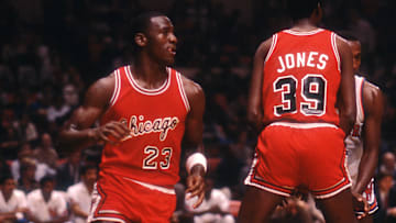 October 18, 1984; New York, NY, USA; Michael Jordan, 23, sets up Bull's offense against the Knicks during an exhibition game at Madison Square Garden in New York City. / Carmine Galasso / North Jersey Media Group via USA TODAY NETWORK