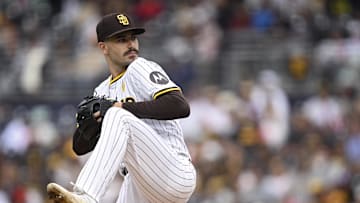 Sep 18, 2024; San Diego, California, USA; San Diego Padres starting pitcher Dylan Cease (84) pitches against the Houston Astros during the first inning at Petco Park. Mandatory Credit: Orlando Ramirez-Imagn Images