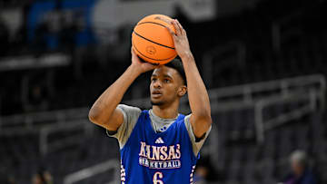 Mar 19, 2025; Providence, RI, USA; Kansas Jayhawks guard Rylan Griffen (6) practices at Amica Mutual Pavilion. Mandatory Credit: Eric Canha-Imagn Images