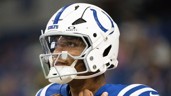 Aug 16, 2025; Indianapolis, Indiana, USA; Indianapolis Colts quarterback Anthony Richardson Sr. (5) during warmups prior to the game against the Green Bay Packers at Lucas Oil Stadium. Mandatory Credit: Robert Goddin-Imagn Images Aug 16, 2025; Indianapolis, Indiana, USA; Indianapolis Colts quarterback Anthony Richardson Sr. (5) during warmups prior to the game against the Green Bay Packers at Lucas Oil Stadium. Mandatory Credit: Robert Goddin-Imagn Images