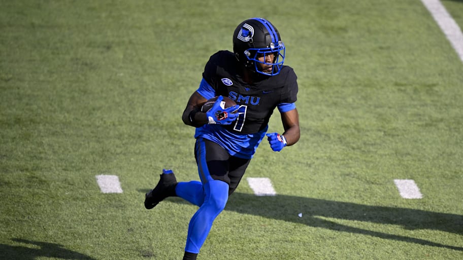 Nov 16, 2024; Dallas, Texas, USA; SMU Mustangs running back Brashard Smith (1) in action during the game between the SMU Mustangs and the Boston College Eagles at Gerald J. Ford Stadium. Mandatory Credit: Jerome Miron-Imagn Images | Jerome Miron-Imagn Images