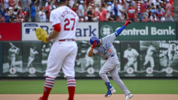 Jul 14, 2024; St. Louis, Missouri, USA;  Chicago Cubs designated hitter Christopher Morel (5) reacts as he runs the bases after hitting a solo home run off of St. Louis Cardinals relief pitcher Andrew Kittredge (27) during the eighth inning at Busch Stadium. Mandatory Credit: Jeff Curry-USA TODAY Sports