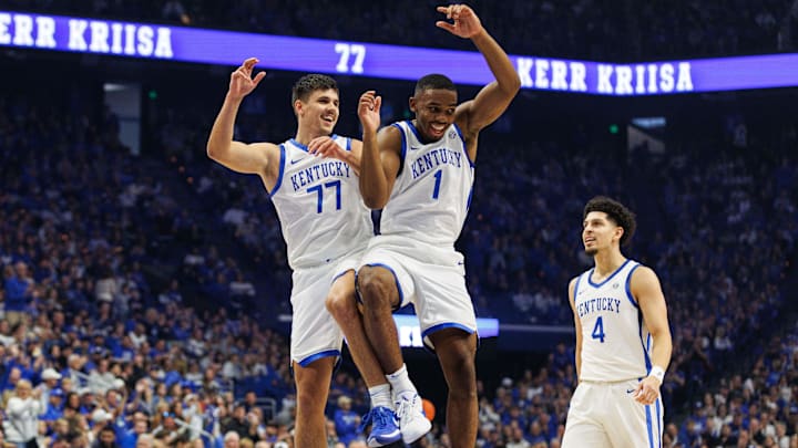 Nov 9, 2024; Lexington, Kentucky, USA; Kentucky Wildcats guard Kerr Kriisa (77) celebrates with guard Lamont Butler (1) after scoring during the first half against the Bucknell Bison at Rupp Arena at Central Bank Center. Mandatory Credit: Jordan Prather-Imagn Images