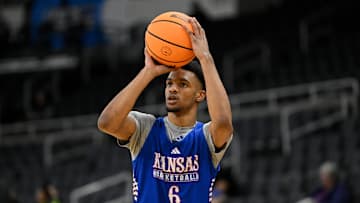 Mar 19, 2025; Providence, RI, USA; Kansas Jayhawks guard Rylan Griffen (6) practices at Amica Mutual Pavilion. Mandatory Credit: Eric Canha-Imagn Images