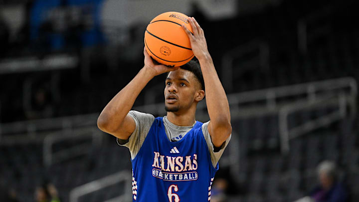 Mar 19, 2025; Providence, RI, USA; Kansas Jayhawks guard Rylan Griffen (6) practices at Amica Mutual Pavilion. Mandatory Credit: Eric Canha-Imagn Images