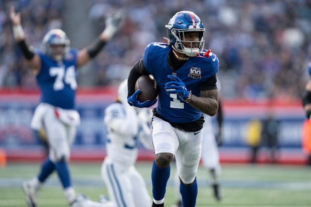 New York Giants WR Malik Nabers runs into the end zone for a touchdown against the  Indianapolis Colts.