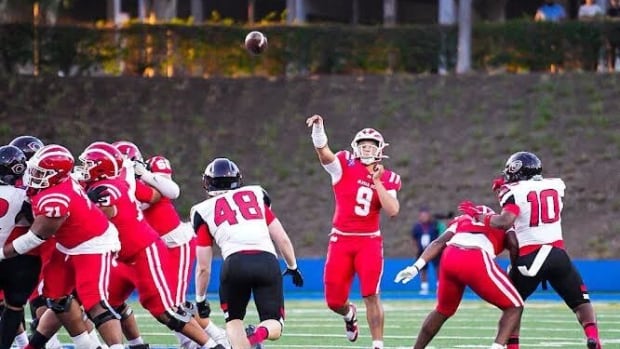 IMG_0178.jpeg Dash Beierly throws the ball for Mater Dei against Corona Centennial on Thursday, Aug. 22, 2024.