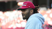 Oct 19, 2025; Santa Clara, California, USA; San Francisco 49ers middle linebacker Fred Warner (54) stands on the sideline during warmups prior to the game against the Atlanta Falcons at Levi's Stadium. Mandatory Credit: Darren Yamashita-Imagn Images