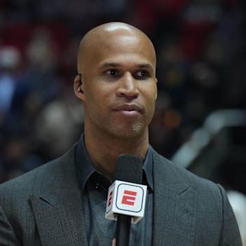 Feb 17, 2023; Salt Lake City, Utah, USA; ESPN analyst Richard Jefferson before the 2023 NBA All Star celebrity game at Huntsman Center. Mandatory Credit: Kirby Lee-Imagn Images