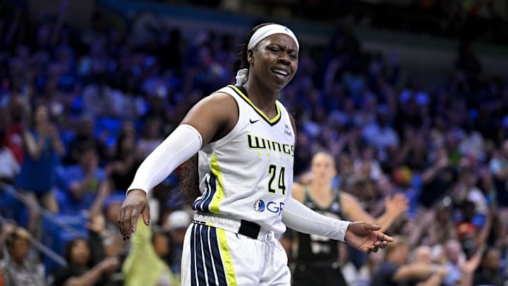 Aug 8, 2025; Arlington, Texas, USA; Dallas Wings guard Arike Ogunbowale (24) in action during the game between the Dallas Wings and the New York Liberty at College Park Center. Mandatory Credit: Jerome Miron-Imagn Images