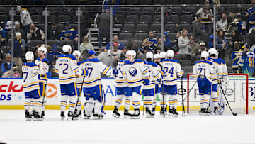 Dec 29, 2024; St. Louis, Missouri, USA;  Buffalo Sabres celebrate after they defeated the St. Louis Blues at Enterprise Center. Mandatory Credit: Jeff Curry-Imagn Images