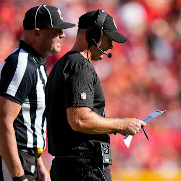 Cincinnati Bengals head coach Zac Taylor talks with a referee in the second quarter of the NFL Week 2 game between the Kansas City Chiefs and the Cincinnati Bengals at Arrowhead Stadium in Kansas City on Sunday, Sept. 15, 2024. The Bengals led 16-10 at halftime.