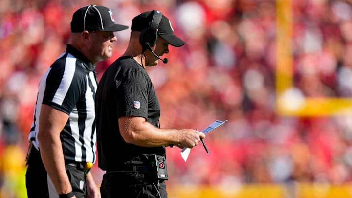 Cincinnati Bengals head coach Zac Taylor talks with a referee in the second quarter of the NFL Week 2 game between the Kansas City Chiefs and the Cincinnati Bengals at Arrowhead Stadium in Kansas City on Sunday, Sept. 15, 2024. The Bengals led 16-10 at halftime.