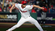 Apr 8, 2025; Cleveland, Ohio, USA; Cleveland Guardians relief pitcher Paul Sewald (34) throws a pitch during the seventh inning against the Chicago White Sox at Progressive Field. Mandatory Credit: Ken Blaze-Imagn Images