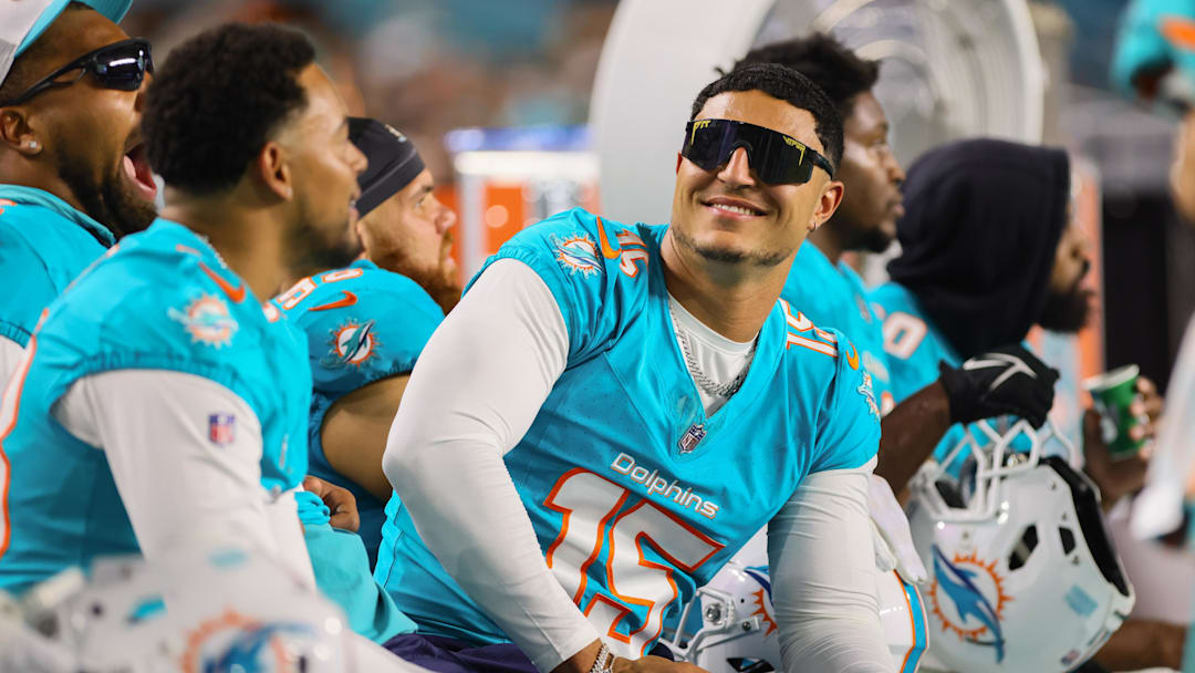 Aug 17, 2024; Miami Gardens, Florida, USA; Miami Dolphins linebacker Jaelan Phillips (15) looks on from the bench against the Washington Commanders during the fourth quarter of a preseason game at Hard Rock Stadium. Mandatory Credit: Sam Navarro-Imagn Images