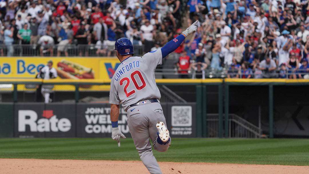 May 17, 2026; Chicago, Illinois, USA; Chicago Cubs right fielder Michael Conforto (20) runs the bases after hitting a three-run home run against the Chicago White Sox during the ninth inning at Rate Field. Mandatory Credit: David Banks-Imagn Images