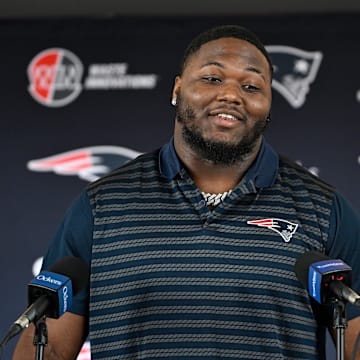 Mar 13, 2025; Foxborough, MA, USA; New England Patriots defensive tackle Milton Williams discusses his recent free agent addition to the Patriots with the media at Gillette Stadium. Mandatory Credit: Eric Canha-Imagn Images