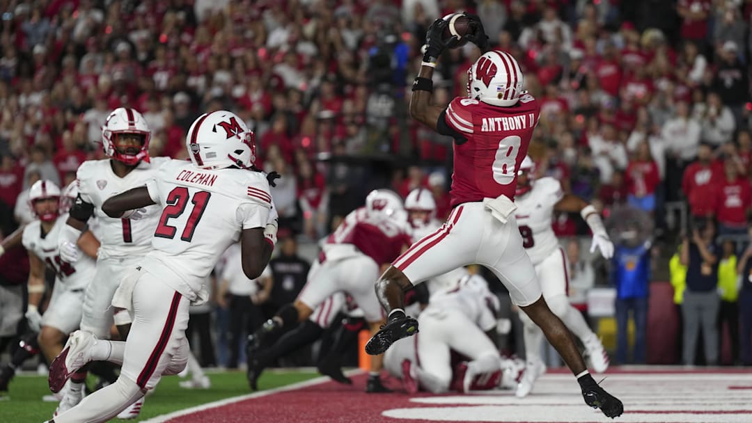 Wisconsin Badgers wide receiver Vinny Anthony II (8) catches a pass to score a touchdown during the third quarter against the Miami (OH) RedHawks at Camp Randall Stadium. Wisconsin Badgers wide receiver Vinny Anthony II (8) catches a pass to score a touchdown during the third quarter against the Miami (OH) RedHawks at Camp Randall Stadium.