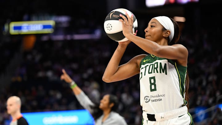 Jun 14, 2025; San Francisco, California, USA; Seattle Storm guard Lexie Brown (8) attempts a three point basket against the Golden State Valkyries in the third quarter at Chase Center. Mandatory Credit: Eakin Howard-Imagn Images
