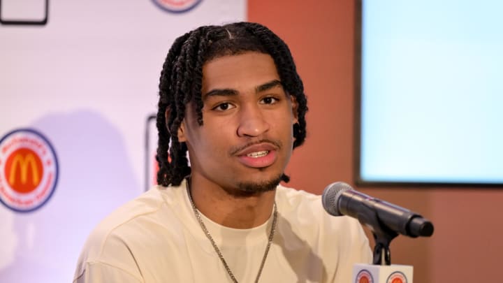 Apr 1, 2024; Houston, TX, USA; McDonald's All American West guard Dylan Harper speaks during a press conference at JW Marriott Houston by The Galleria. Mandatory Credit: Maria Lysaker-USA TODAY Sports