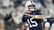 Penn State Nittany Lions quarterback Drew Allar (15) warms up before a game against the Oregon Ducks at Beaver Stadium. 