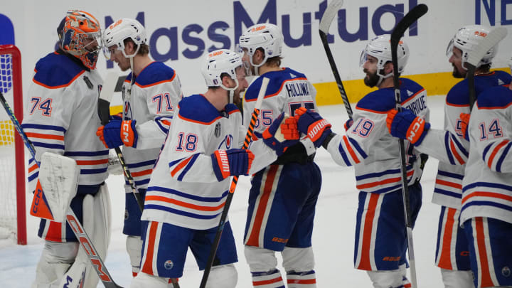 Jun 18, 2024; Sunrise, Florida, USA; The Edmonton Oilers celebrate the win against the Florida Panthers in game five of the 2024 Stanley Cup Final at Amerant Bank Arena. Mandatory Credit: Jim Rassol-USA TODAY Sports