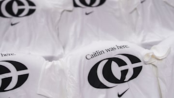 Indiana Fever guard Caitlin Clark (22) T-shirts line the arena Tuesday, Aug. 26, 2025, before a game between the Indiana Fever and the Seattle Storm at Gainbridge Fieldhouse in Indianapolis.