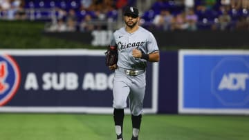 Jul 5, 2024; Miami, Florida, USA; Chicago White Sox right fielder Tommy Pham (28) runs to the dugout against the Miami Marlins during the sixth inning at loanDepot Park. Mandatory Credit: Sam Navarro-USA TODAY Sports