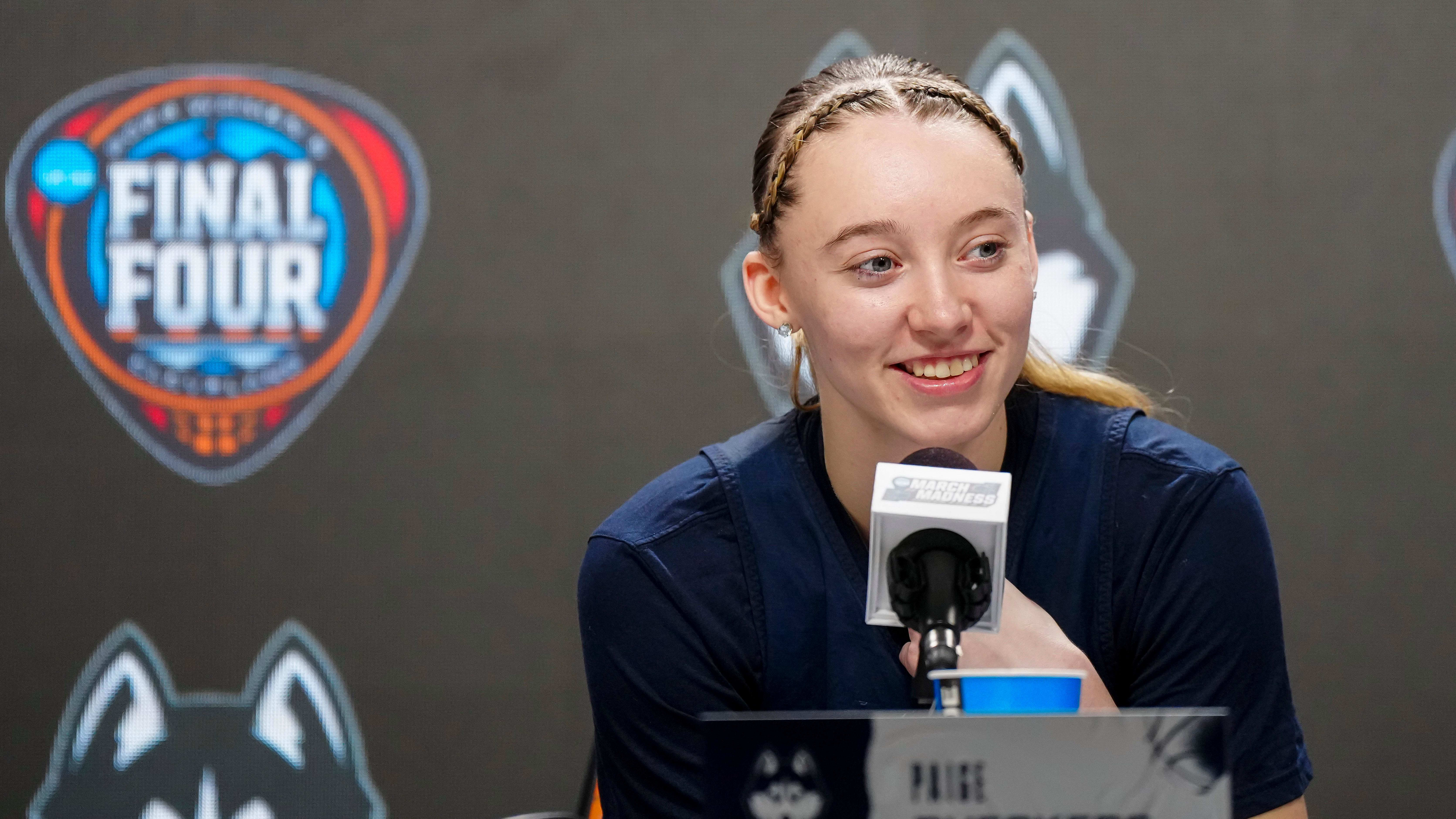 UConn Huskies guard Paige Bueckers addresses the media prior to the team's Final Four showdown against the Iowa Hawkeyes.