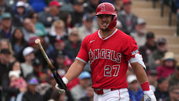 Mar 14, 2025; Tempe, Arizona, USA; Los Angeles Angels outfielder Mike Trout (27) reacts after getting called out on strikes against the Kansas City Royals in the third inning at Tempe Diablo Stadium. Mandatory Credit: Rick Scuteri-Imagn Images