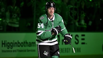 May 13, 2025; Dallas, Texas, USA; Dallas Stars center Mikael Granlund (64) skates off the ice after the Stars defeat the Winnipeg Jets in game four of the second round of the 2025 Stanley Cup Playoffs at American Airlines Center. Mandatory Credit: Jerome Miron-Imagn Images