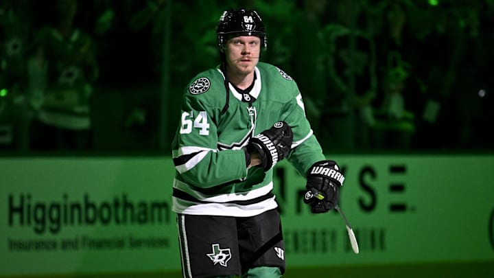 May 13, 2025; Dallas, Texas, USA; Dallas Stars center Mikael Granlund (64) skates off the ice after the Stars defeat the Winnipeg Jets in game four of the second round of the 2025 Stanley Cup Playoffs at American Airlines Center. Mandatory Credit: Jerome Miron-Imagn Images