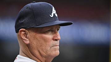 Apr 4, 2023; St. Louis, Missouri, USA;  Atlanta Braves manager Brian Snitker (43) looks on before a game against the St. Louis Cardinals at Busch Stadium. Mandatory Credit: Jeff Curry-Imagn Images