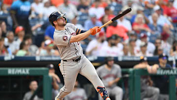 Aug 28, 2024; Philadelphia, Pennsylvania, USA; Houston Astros outfielder Chas McCormick (20) hits a two-run home run against the Philadelphia Phillies in the eighth inning at Citizens Bank Park. Mandatory Credit: Kyle Ross-Imagn Images