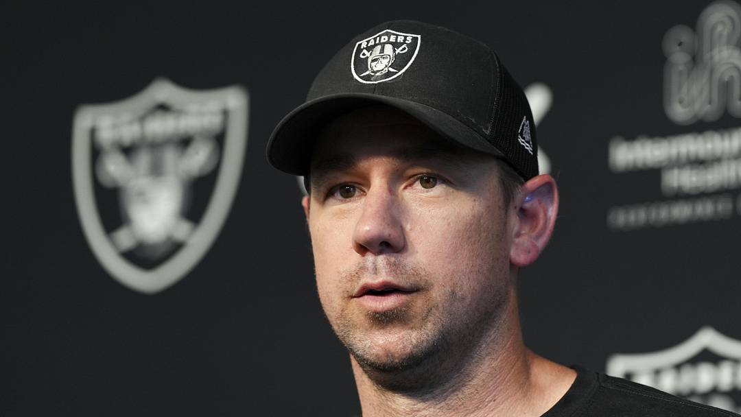 May 20, 2026; Henderson, NV, USA; Las Vegas Raiders head coach Klint Kubiak speaks during a news conference during organized team activities at Intermountain Health Performance Center. Mandatory Credit: Candice Ward-Imagn Images