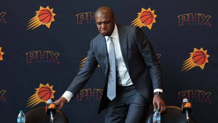 May 17, 2024; Phoenix, AZ, USA; Phoenix Suns General Manager James Jones arrives during a press conference to announce Mike Budenholzer as head coach. Mandatory Credit: Joe Camporeale-USA TODAY Sports