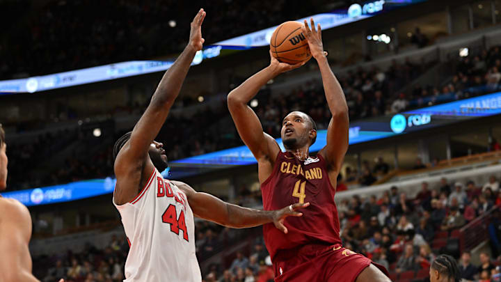 Oct 9, 2025; Chicago, Illinois, USA; Cleveland Cavaliers forward Evan Mobley (4) goes up for a shot against Chicago Bulls forward Patrick Williams (44) during the first half at United Center. Mandatory Credit: Patrick Gorski-Imagn Images Oct 9, 2025; Chicago, Illinois, USA; Cleveland Cavaliers forward Evan Mobley (4) goes up for a shot against Chicago Bulls forward Patrick Williams (44) during the first half at United Center. Mandatory Credit: Patrick Gorski-Imagn Images