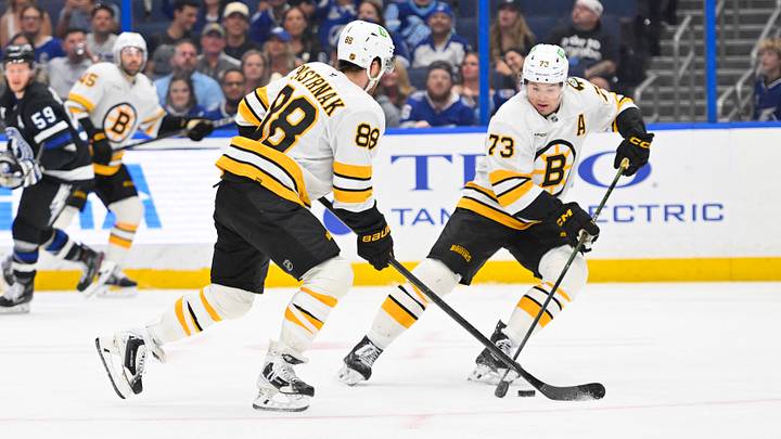 Apr 4, 2026; Tampa, Florida, USA; Boston Bruins right wing David Pastrnak (88) and defenseman Charlie Mcavoy (73) skate during the third period against Tampa Bay Lightning at Benchmark International Arena. Mandatory Credit: Pablo Robles-Imagn Images